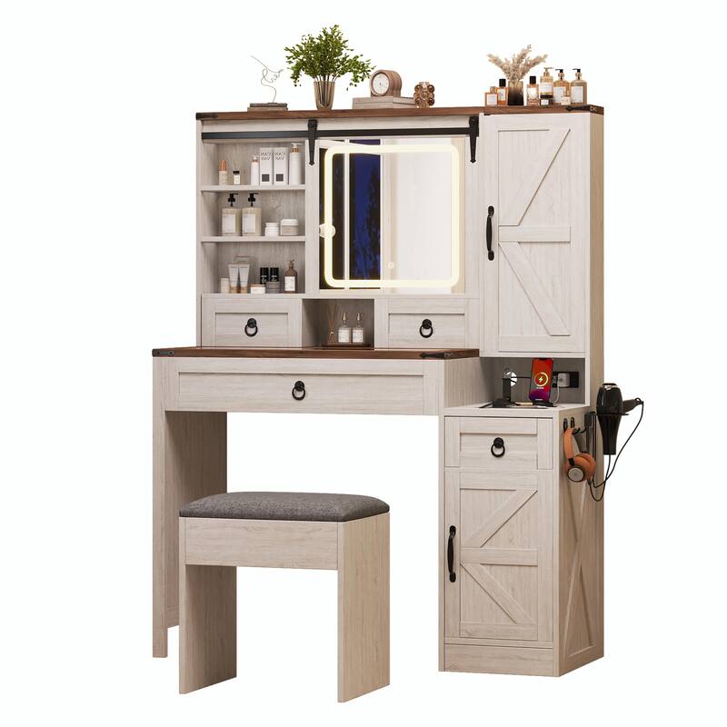 Farmhouse Vanity Desk with Sliding Mirror & Lights, Glass Top Vanity Set