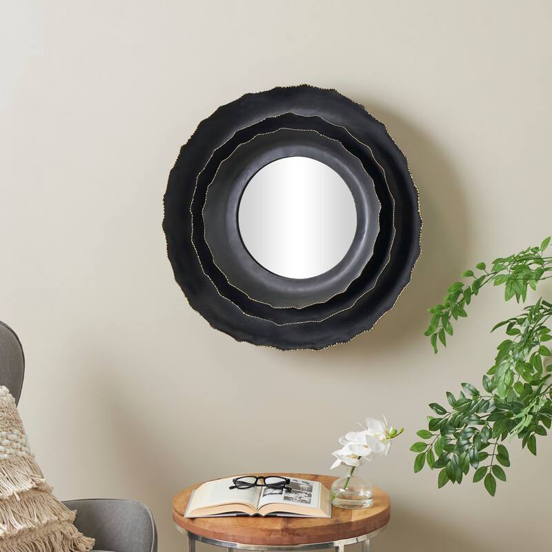 Black Metal Layered Frame Floral Room Wall Mirror with Layered Floral Frame - Black