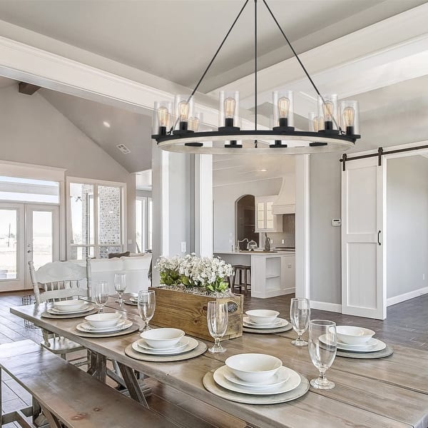 slide 2 of 24, Allegray 12-light Farmhouse Faux Wood Wagon Wheel Chandelier with UL Certified - 42 inches Weathered Oak