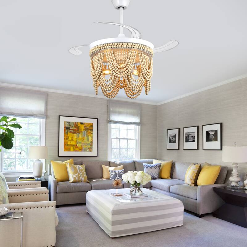 Cusp Barn 42" Retractable Ceiling Fan with Light, Farmhouse Wooden Bead Chandelier, Quiet DC Motor 6 Speeds Bohemian Ceiling Fan