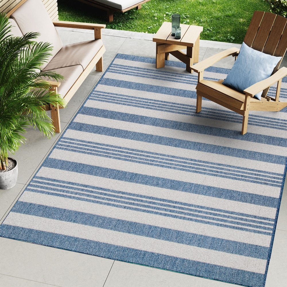 Blue and White Rug with popular Stripes, Striped Floor Runner, Navy Blue and Natural White Carpet with Fringes at the Ends, Scandinavian Design