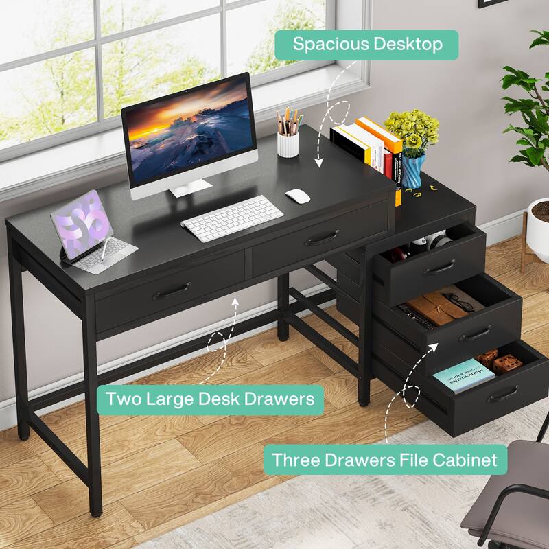 Modern Computer Desk with 5 Drawers, Home Office Desks with Reversible Drawer Cabinet Printer Stand