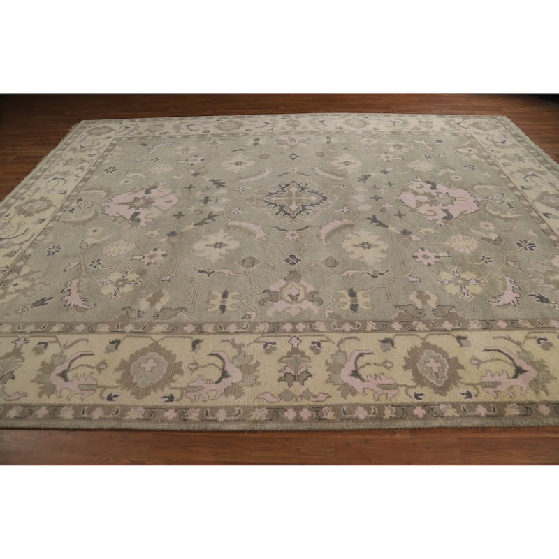 Transitional Oushak Indian Area Rug Handmade Green Wool Carpet - 9'0" x 12'0"