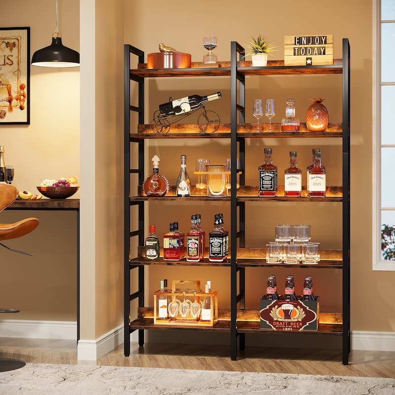 5-Tier Industrial Bookshelf, 71"H x 47"W Etagere Bookcase Free Standing Wide Book Shelf, Rustic Brown