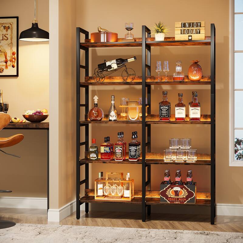 Double Wide Bookshelf, 5-Tier Industrial Etagere Bookcase Free Standing Tall Book Shelf, Rustic Brown