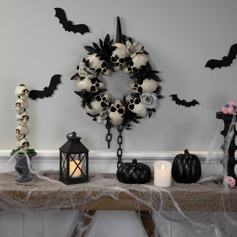 Skulls and Chains with Roses Small Artificial Halloween Wreath - 15" - Unlit