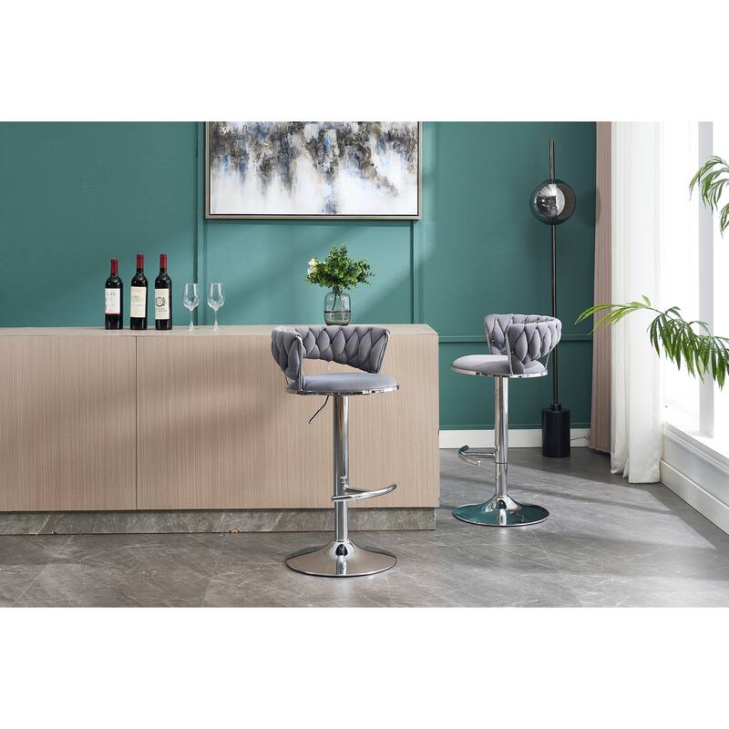Set of 2 Adjustable Swivel Bar Stools, Grey Velvet with Chrome Footrest & Chrome Legs