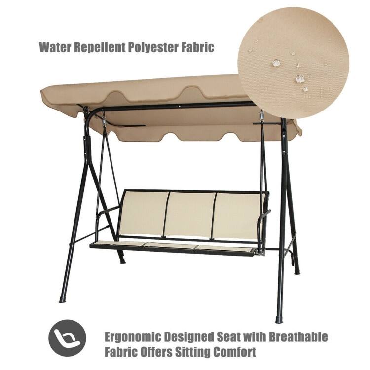 3 Person Steel Frame Patio Swing with Polyester Angle and Adjustable Canopy - Brown - 67" x 43.5" x 60.5" (L x W x H)