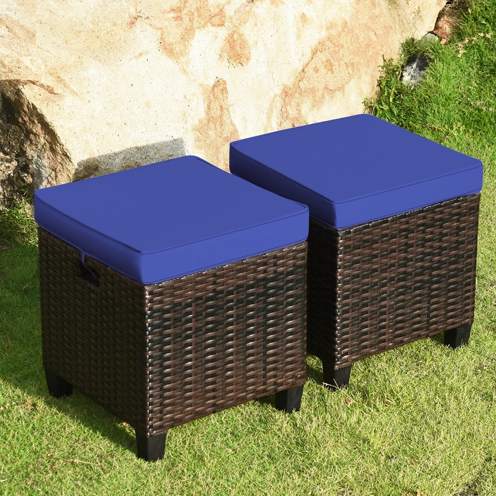 ONG 2 Pieces Outdoor Patio Ottoman All Weather Rattan Wicker Ottoman Seat Cube Patio Rattan Furniture Black Rattan, Beige Outdoor Foot Rest Stool Seat 