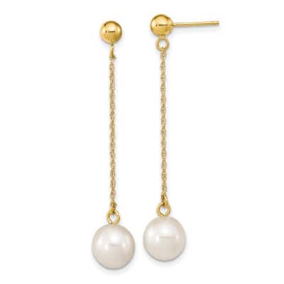 Curata 10k Yellow Gold 7-8mm White Round Freshwater Cultured Pearl Dangle Post Earrings