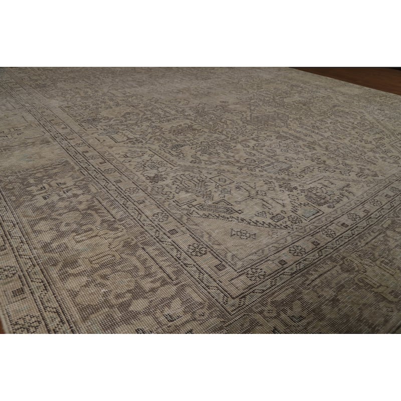 Geometric Tabriz Persian Vintage Rug Hand-Knotted Beige Wool Carpet - 9'1" x 12'4"
