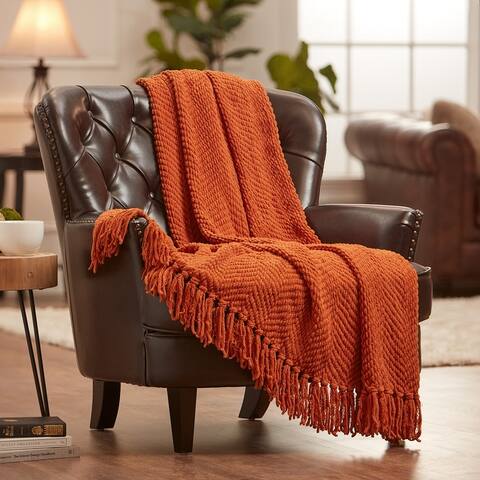 Chanasya Textured Knit Throw Blanket With Tassels