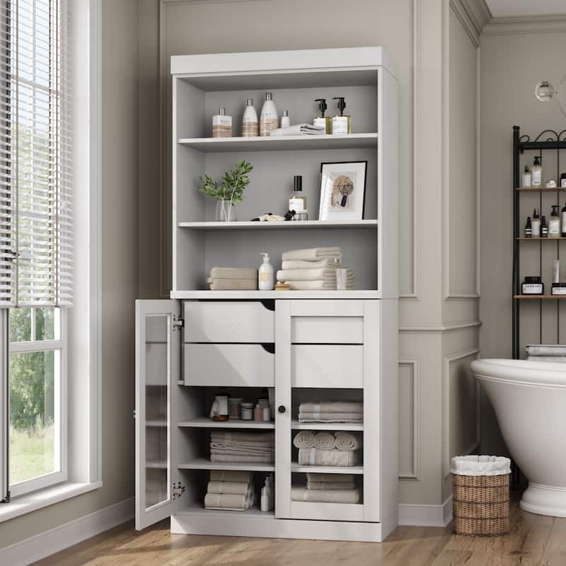 100% Solid Wood 32" Bathroom Cabinet with Optional Doors, 2-Drawers by Palace Imports - White - 2 Glass Doors