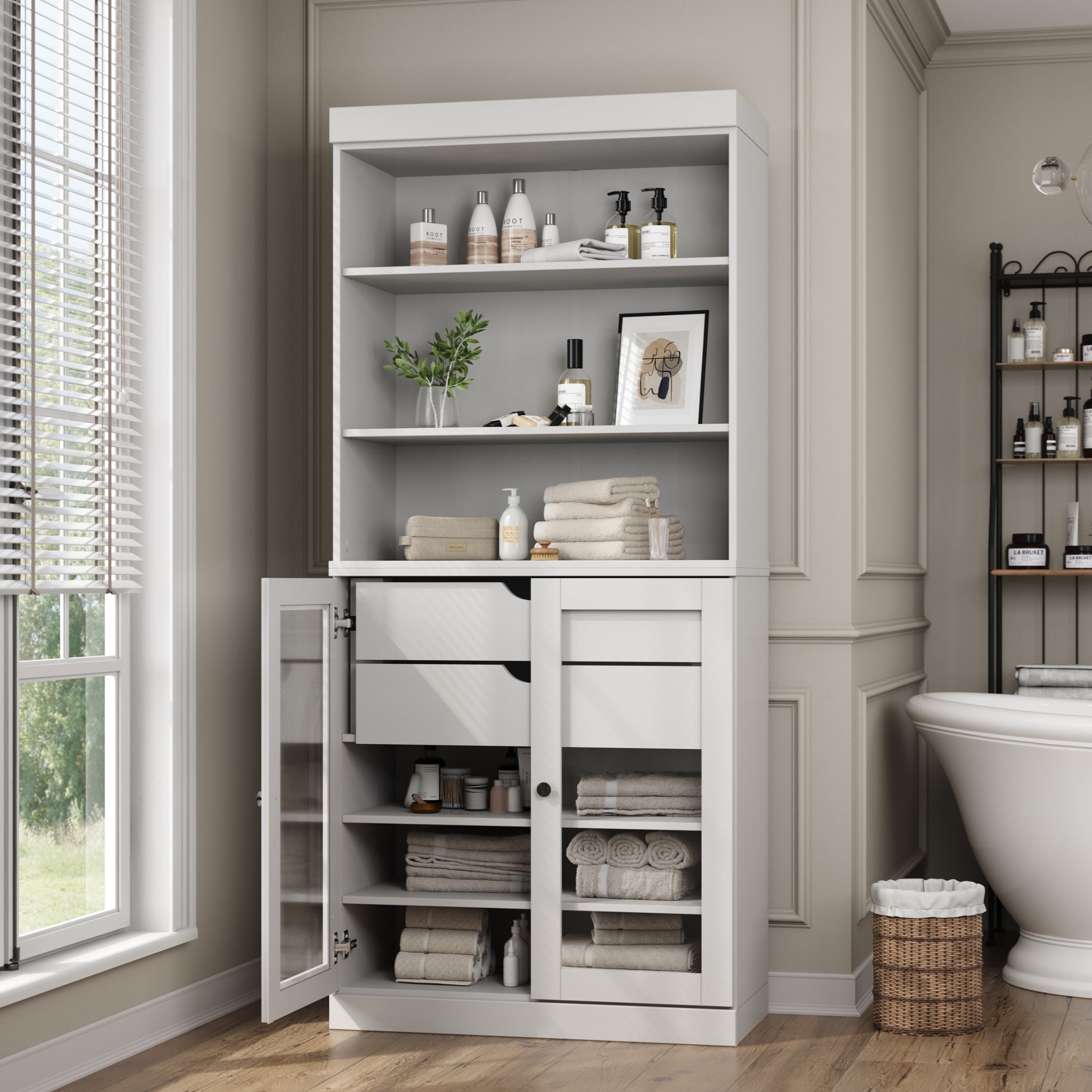 Palace Imports 100% Solid Wood Tall Bathroom Linen Storage Cabinet with 2 Drawers, 32" W x 71.5" H