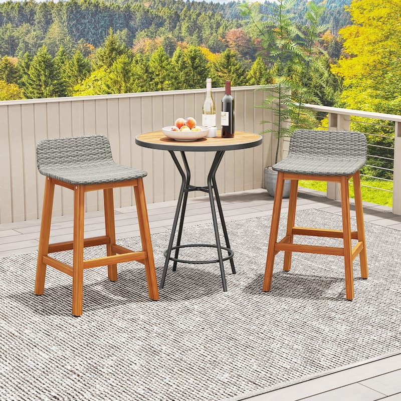 Gymax Solid Acacia Wood Bar Stools Set of 2 Rattan Bar Height Patio