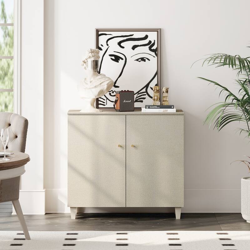 Sideboards Buffet Cabinets with Doors for Dining Room, 32.4"H - 1 Piece - Beige Faux Linen