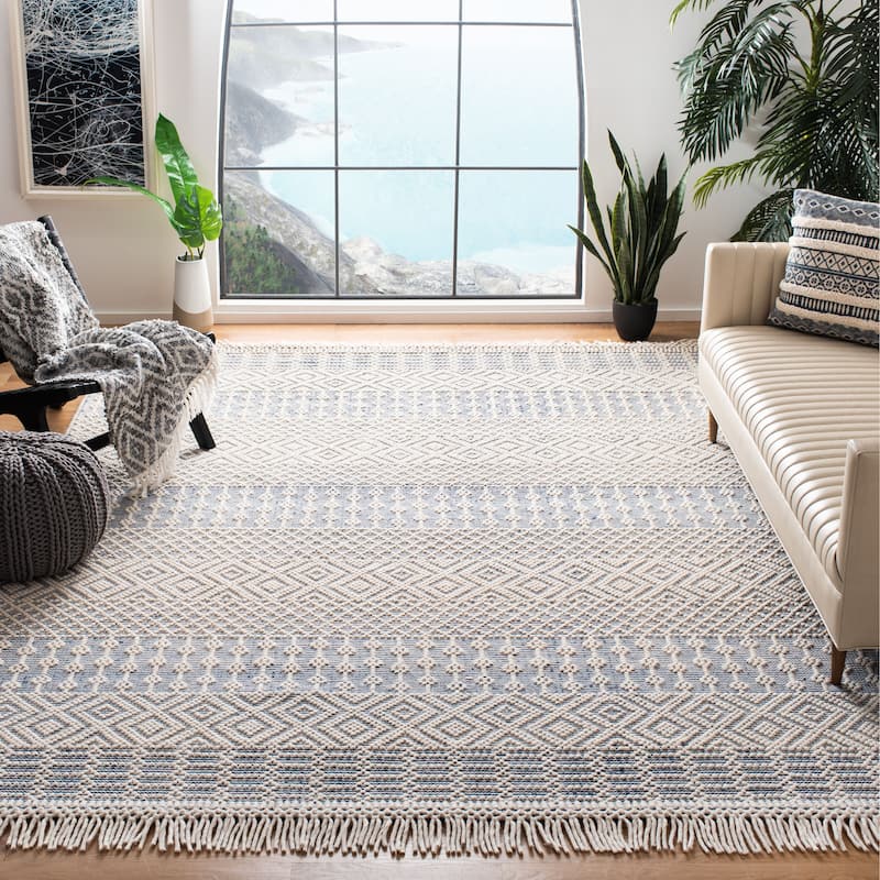 SAFAVIEH Handmade Natura Estel Wool Fringe Rug - 10' x 14' - Ivory/Blue