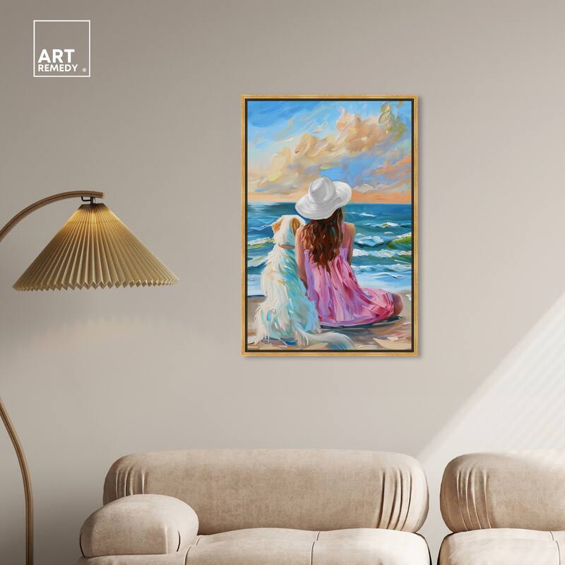 Art Remedy Girl And Her Best Friend Framed Colorful Coastal 1 Piece Canvas Wall Art