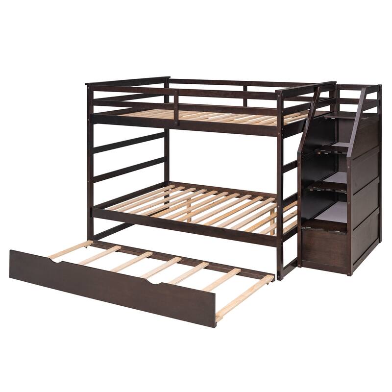 Bunk Bed with Trundle with Safety Guardrail and 3 Storage Stairs, Triple Bunk Multifunctional Space-Saving Solution for Bedroom