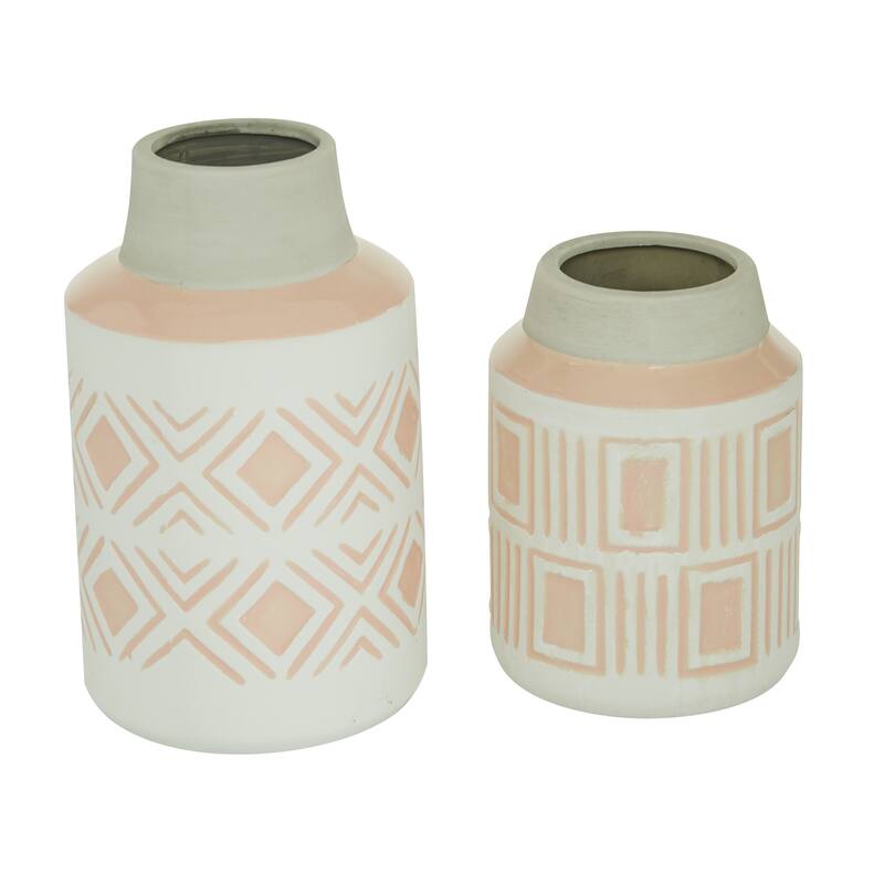 Ceramic Vase with Diamond Patterns - Set of 2 White - Roche River Decor - 6"W x 6"L x 10"H