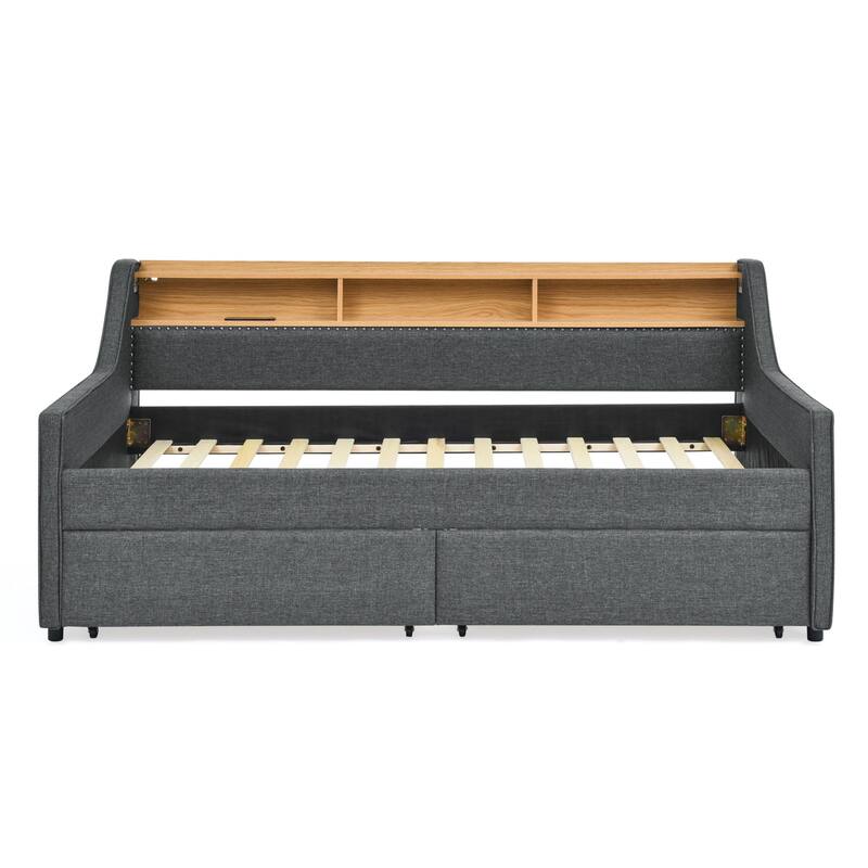 Wooden Platform Bed with Wireless Charging