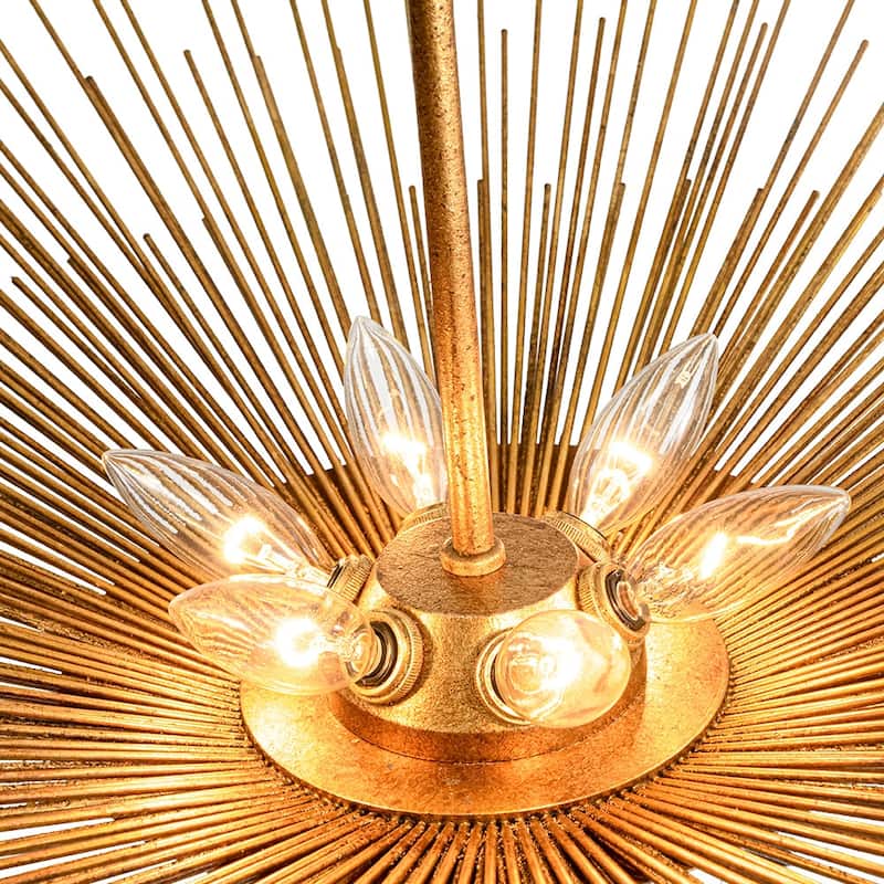 6-Light Vintage Luxury Gold Foiled Wide Wide Sunburst Chandelier 32in