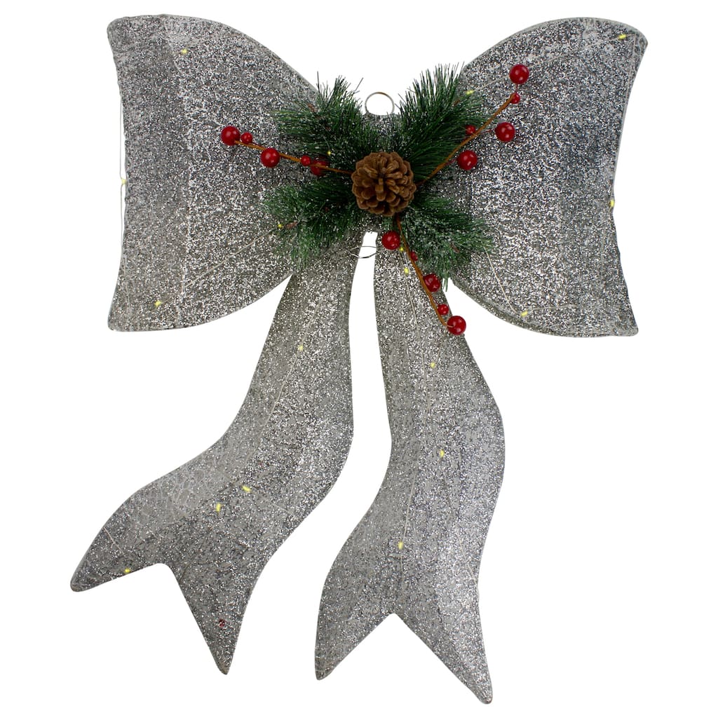 22" LED Lighted Silver Gradient Mesh Bow Christmas Decoration