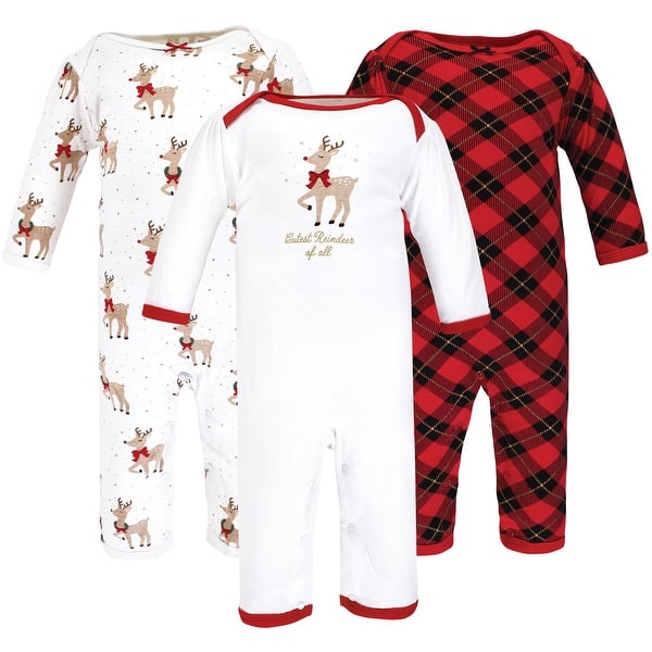 slide 1 of 1, Hudson Baby Infant Girl Cotton Coveralls, Fancy Rudolph 3 - 6 Months - White/Red