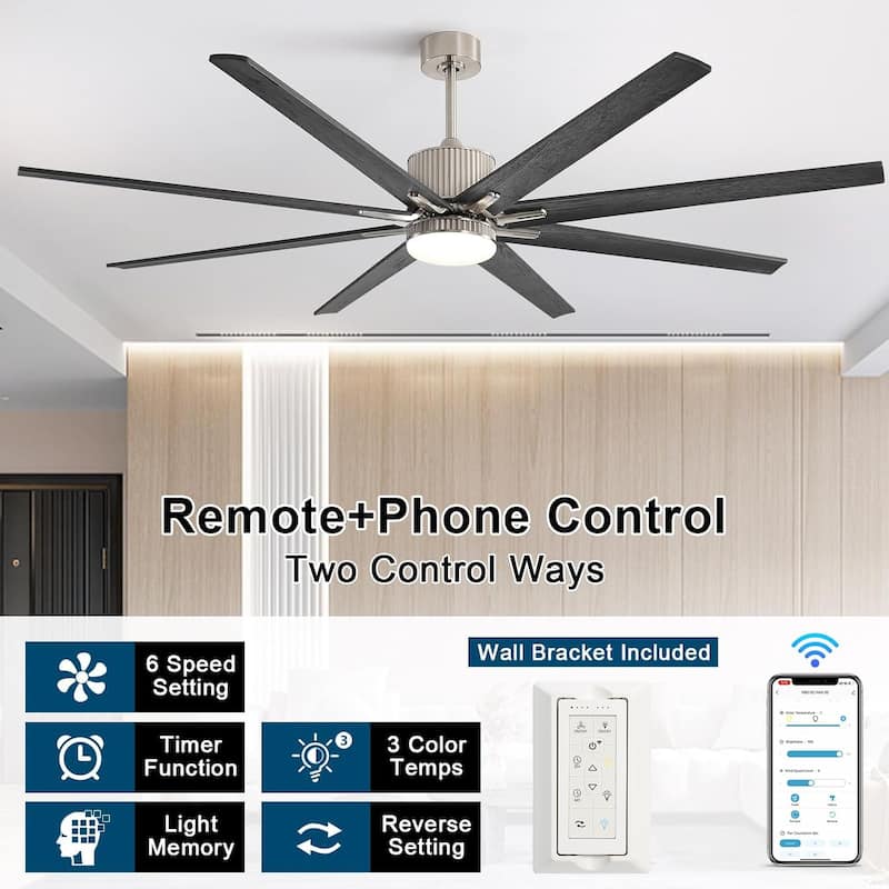 76 inch Smart App Controlled DC Motor Ceiling Fan with Light, Dimmable 3-Color LED, 6-Speed, Reversible, Remote, Timer