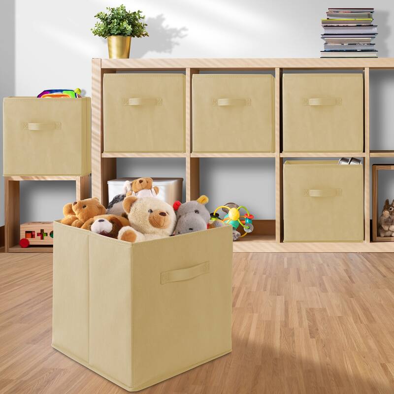 Set of 6 Collapsible Fabric Cubes 13in Storage Bins Beige - Sand - 13" x 13" x 13"