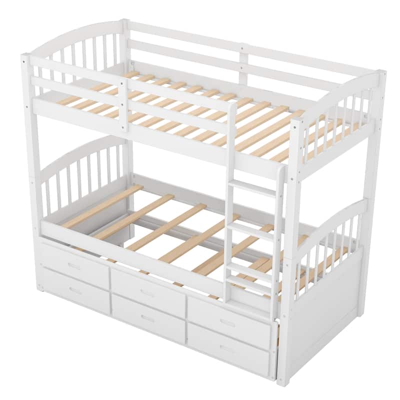 Twin Over Twin Bunk Bed with Trundle & 3 Drawers, Wood Bunk Bed Frame w/Ladder & Guardrails, Convertible to Single & Captain Bed