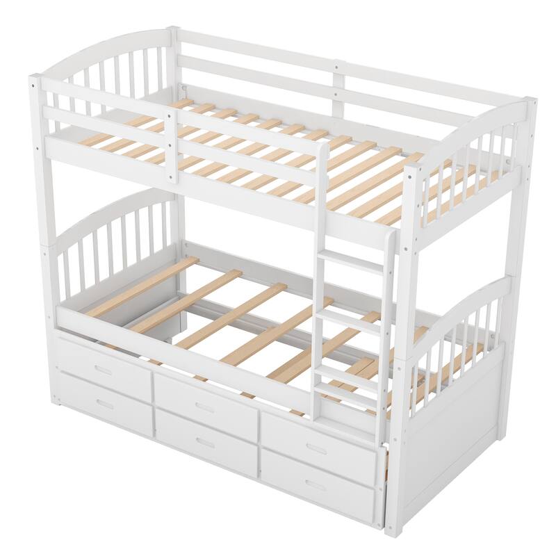 Twin Over Twin Bunk Bed with Trundle and Drawers, Solid Wood Frame, Space-Saving Design