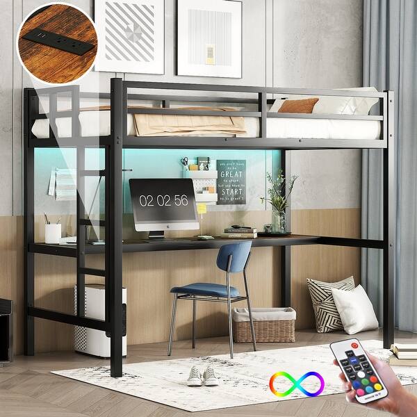 slide 2 of 12, Black Twin XL Size Metal Loft Bed with Power Outlet & LED Light Twin XL - Black