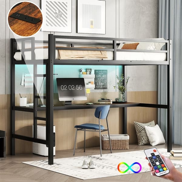 slide 2 of 12, Twin XL Size Metal Loft Bed with Power Outlet & LED Light Twin XL - Black