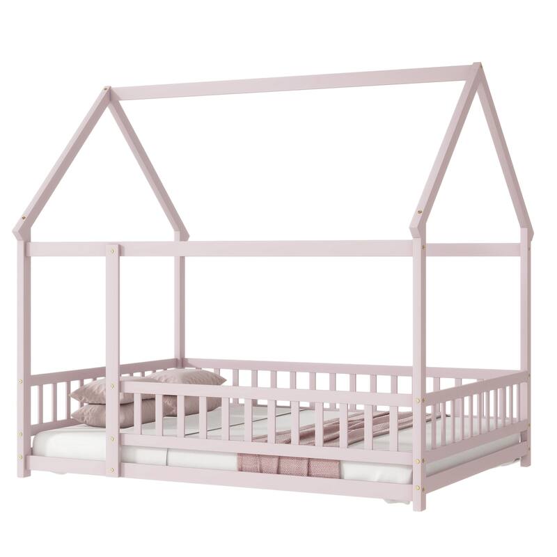 Full Size House Floor Wooden Bed with Roof Frame