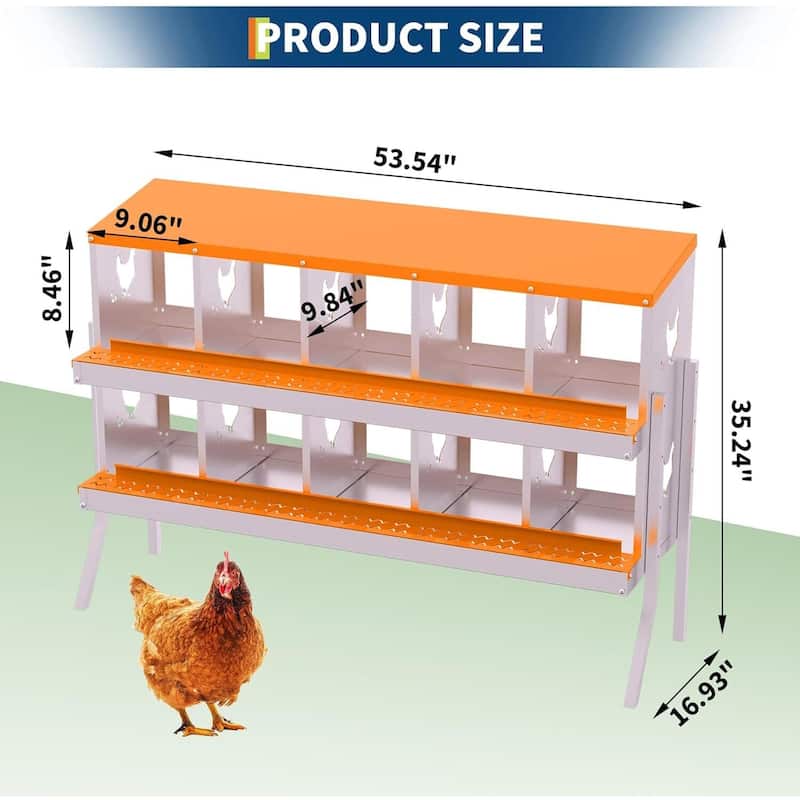 10 Compartment Metal Chicken Nesting Box, Laying Box for Hens Ducks Rabbits, Orange