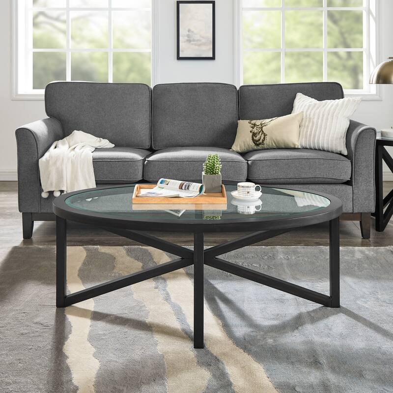 Modern Tempered Glass Coffee Table with Solid Wood Base Round Transparent Glass Top - Black