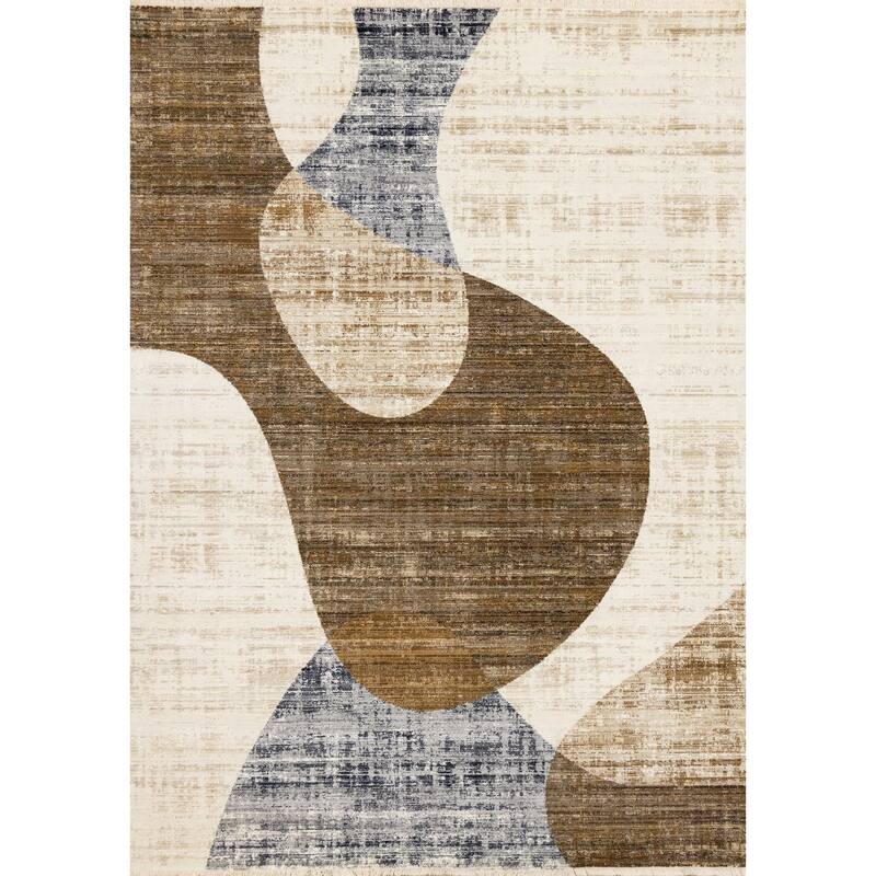 Sydney Collection - Cream Brown Grey Curves Area Rug - 5'3" x 7'10"