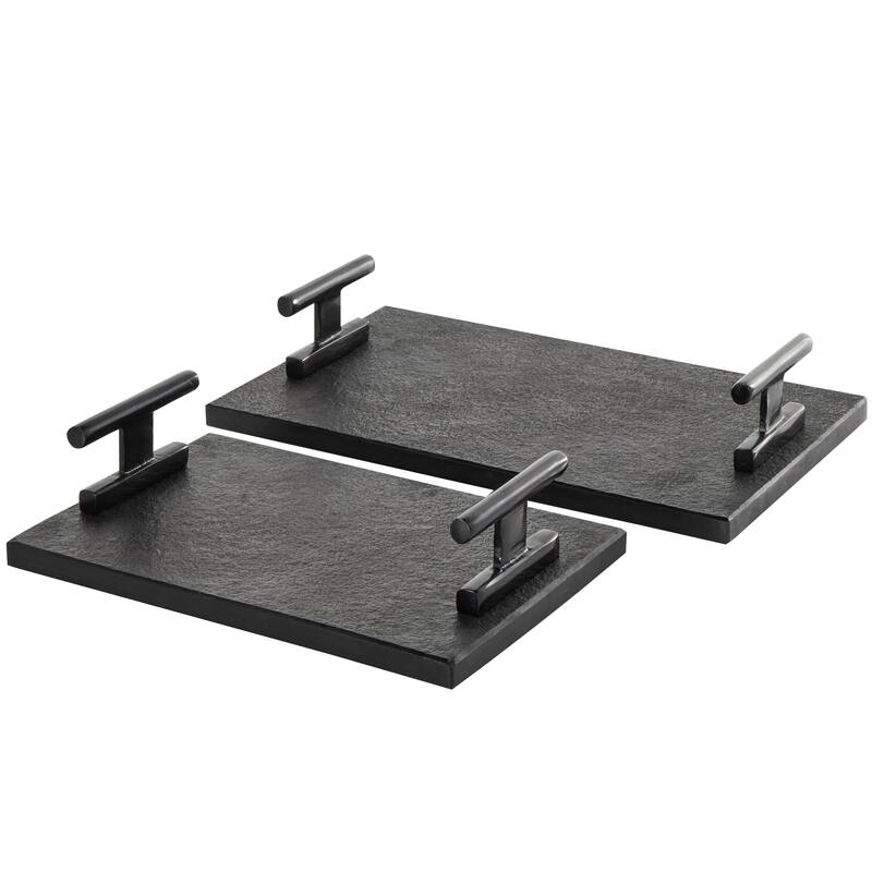 Marble Textured Living Room Decor Tray with Rod Handles - Set of 2 Black - Roche River Decor - Black - 15", 12"W