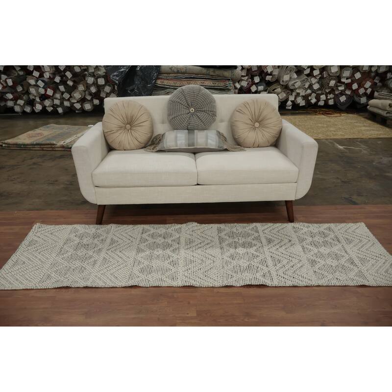 Hand Knotted Oriental 100% Wool Carpet Modern Geometric Beige & Ivories Modern Gotti Design Runner Rug - 7' 10'' X 2' 3''