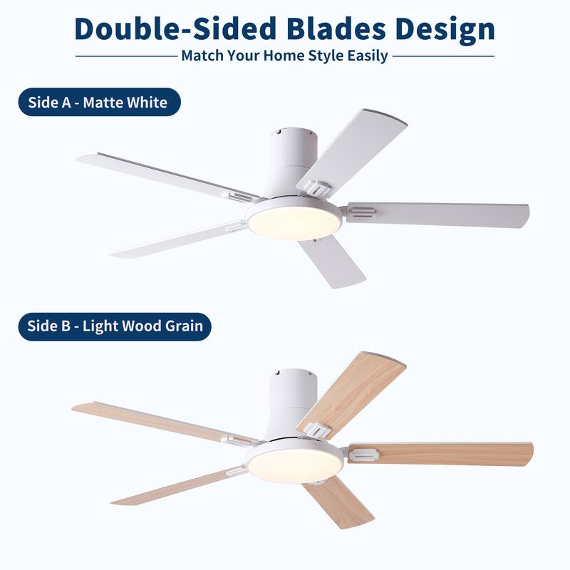 52 Inch Modern Minimalist Flush Mount Ceiling Fan with Light, Reversible DC Motor, Remote, Double-Sided Blades