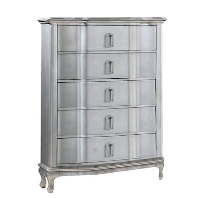 Contemporary 5 Drawer Wooden Chest with Rectangle Knobs, Silver