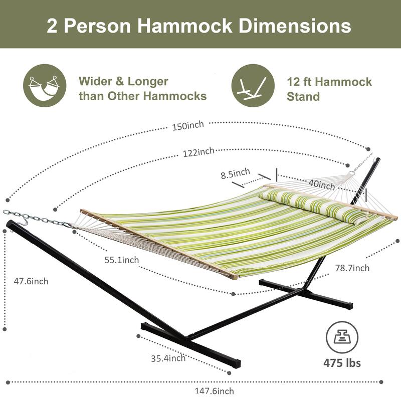Outdoor Portable Double Hammock with Stand&Pillow Max 475 lbs Capacity