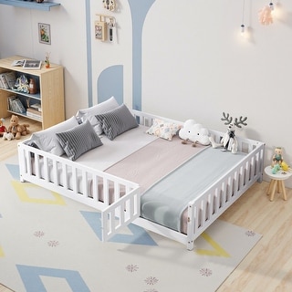 Montessori Floor Bed for Toddlers Full Size Floor Platform Bed with Safety Fence, Fun Small Door and Support Slats
