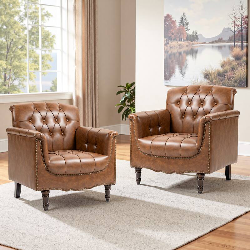 Modern Faux Leather Accent Chairs Set Of 2, Upholstered Armchair For Living Room - Brown