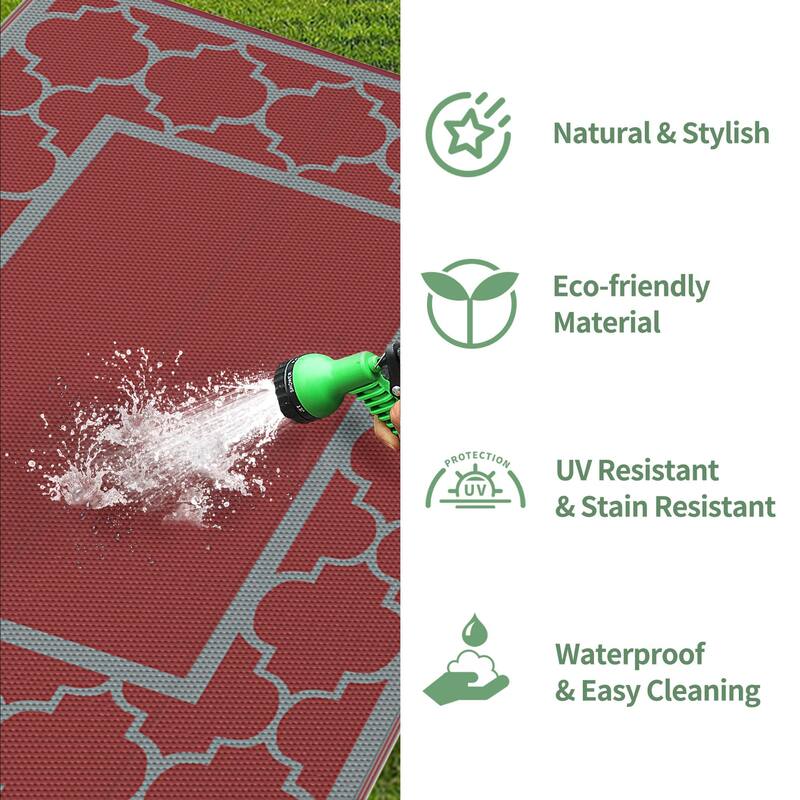 Reversible Dark Geometric Flat-Weave All-Season Outdoor Rug - 6'X9'