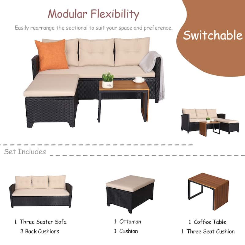 Patio Furniture Set - 3 Piece Cushioned Sofa Set Wicker Outdoor Sectional Coversation Set
