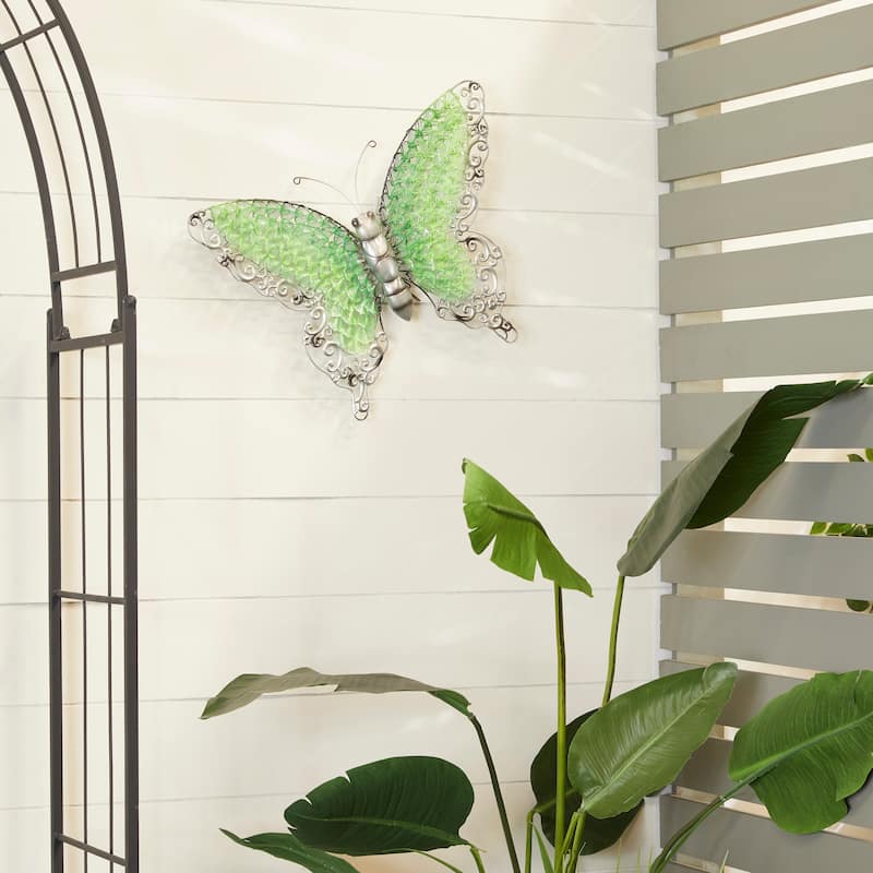Iron Metal Eclectic Butterfly Wall Decor in Blue, Purple, or Green (16" H X 21" W)