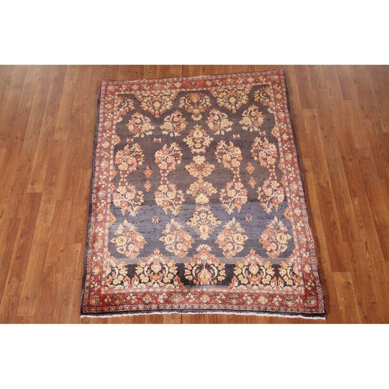 All-Over Floral Sarouk Persian Vintage Rug Hand-knotted Wool Carpet - 3'10"x 4'10"
