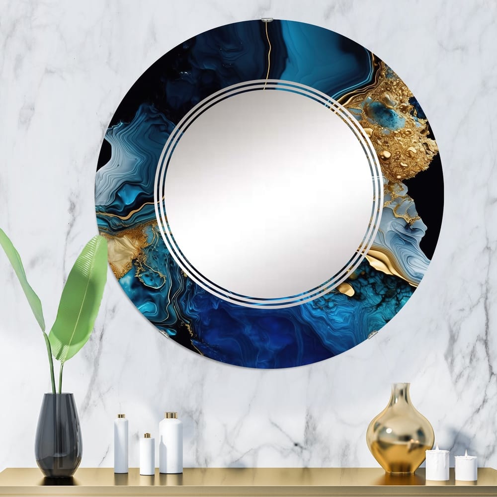 Designart 'Abstract Geode Gold And Blue Marble IV' Printed Abstract Marble Wall Mirror